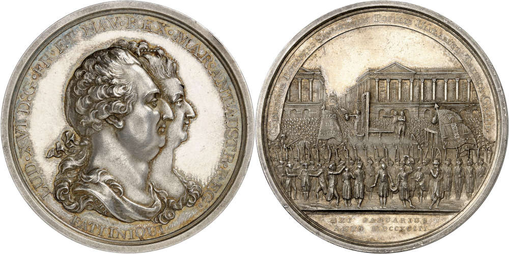 France. 1793 silver medal commemorating the execution of Louis XVI, by Conrad Heinrich Küchler. Rare. About FDC. Estimate: 1,500 euros. From Künker auction 401 (5/6 February 2024), No. 1059.