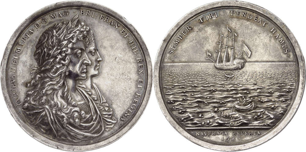 Great Britain. 1687 silver medal commemorating William Phips’ recovery of a treasure, by G. Bower. Very rare. Very fine to extremely fine. Estimate: 1,000 euros. From Künker auction 401 (5/6 February 2024), No. 1107.