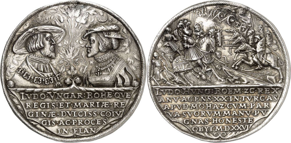 Hungary. 1526 silver cast medal commemorating the death of Louis II at the Battle of Mohács, by Christoph Füssl. Very rare. Original cast with clear details. Minor traces of mounting. Very fine to extremely fine. Estimate: 1,000 euros. From Künker auction 401 (5/6 February 2024), No. 1349.
