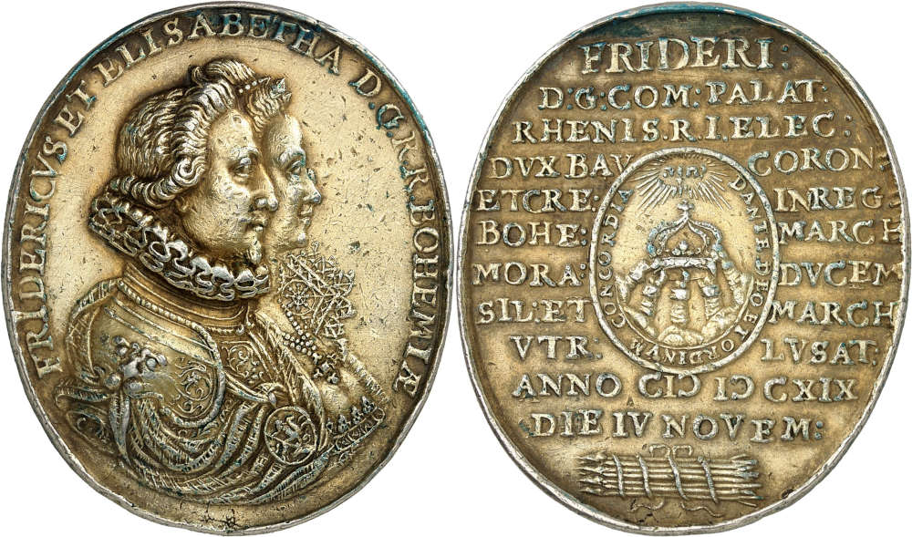 Bohemia. Mercury-gilded oval silver medal, commemorating the coronation of Frederick of the Palatinate in 1619, by Christian Maler. Very rare. Original. Minor traces of mounting. Very fine. Estimate: 1,000 euros. From Künker auction 401 (5/6 February 2024), No. 1392.