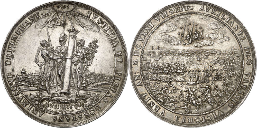 Saxony. Silver medal in commemoration of the Protestant victory at the Battle of Breitenfeld on 17 September 1631, by Sebastian Dadler. About extremely fine. Estimate: 1,500 euros. From Künker auction 401 (5/6 February 2024), No. 1951.