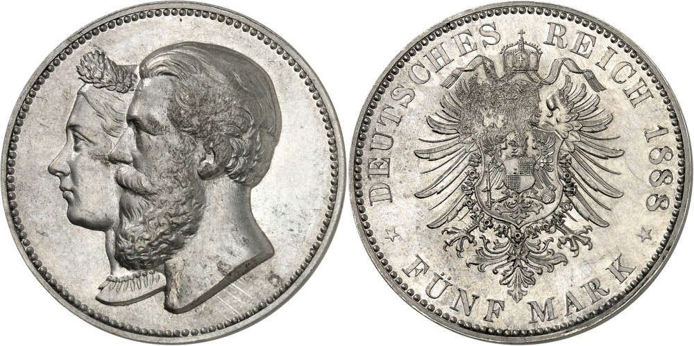 German Empire. Frederick III. 1888 pattern of 5 marks, smooth edge, pewter. Very rare. Made with corroded dies, about extremely fine. Estimate: 300 euros. From Künker auction 401 (5/6 February 2024), No. 2170.