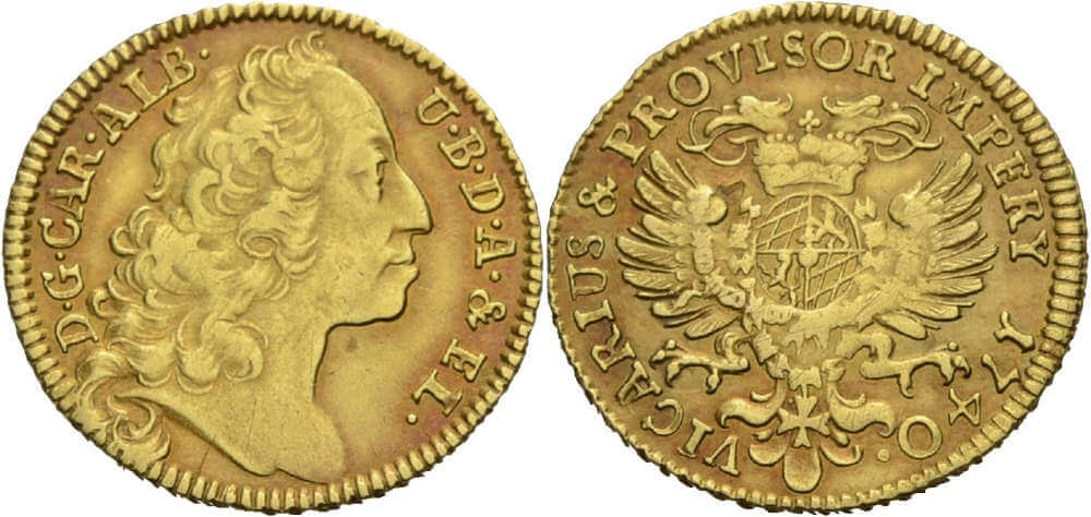 Lot 504: Bavaria. Karl Albert (1726-1745). Goldgulden, 1740 on the Vicariat after the death of emperor Karl VI. Good very fine. Estimate: 1,000 EUR.
