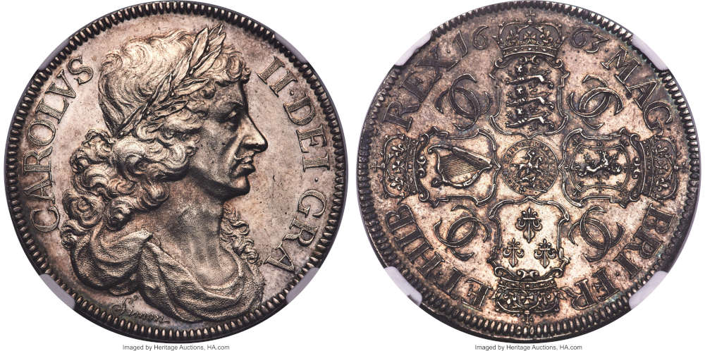 Lot 31155: Great Britain. Charles II silver Pattern “Petition” Crown 1663 MS62 NGC. The Third-Highest Graded “Petition” Crown by Thomas Simon. Result: $960,000.