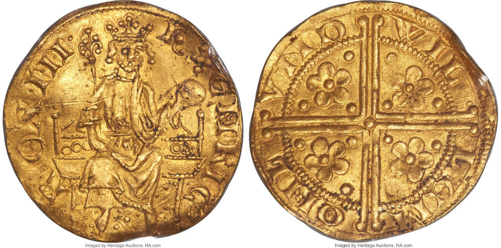 Lot 31139: Great Britain. Henry III (1216-1272) gold Penny of 20 Pence ND (c. 1257) UNC Details (Bent) NGC. Result: $504,000.