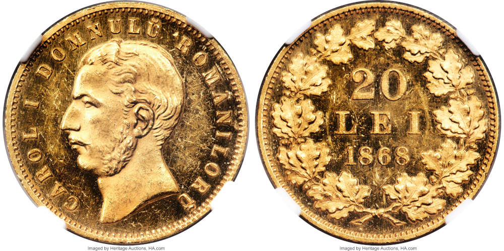 Lot 31252: Romania. Carol I gold Proof Pattern 20 Lei 1868 PR62 Ultra Cameo NGC. Result: $336,000.