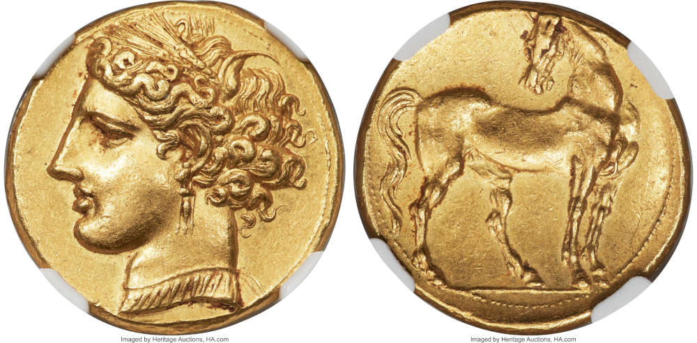 Lot 30016: Ancients. Zeugitana. Carthage. Ca. 270-260 BC. AV trihemistater. NGC AU 5/5 – 4/5, Fine Style. Result: $60,000.