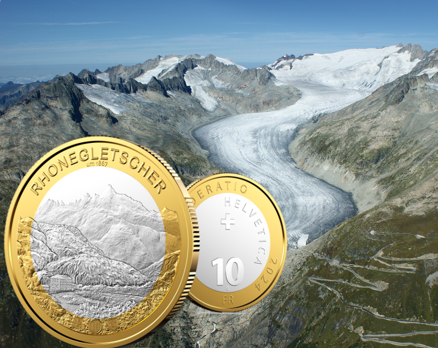 The new commemorative coins pay tribute to the Rhone Glacier in the canton of Valais.