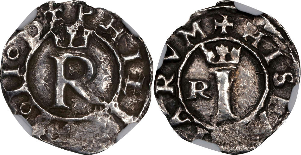 Lot 51118: Peru. Cob 1/4 Real, ND (ca. 1568-70)-R. Lima Mint. Philip II. NGC AU Details--Environmental Damage. Result $6,000.