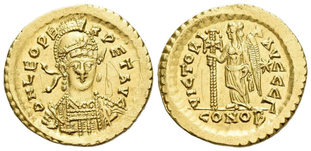 Lot 636: Byzantine. Leo I (457-474). Solidus, Constantinopolis, circa 462-466. Graffiti, otherwise About Extremely fine. Starting Price: 450 £.