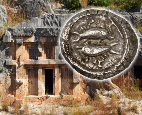 The Myra Necropolis in Lycia. Photo: JN 10.5.2016. In front: Dynastic issues. Kuprilli. Stater, 470-440, Aperlai / Apollonia or Zagaba. From Künker auction 402 (14/15 March 2024), No. 66.