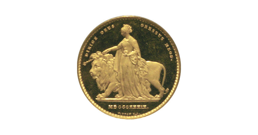 Reverse of a gold 1839 £5-proof Una and the lion pattern. 