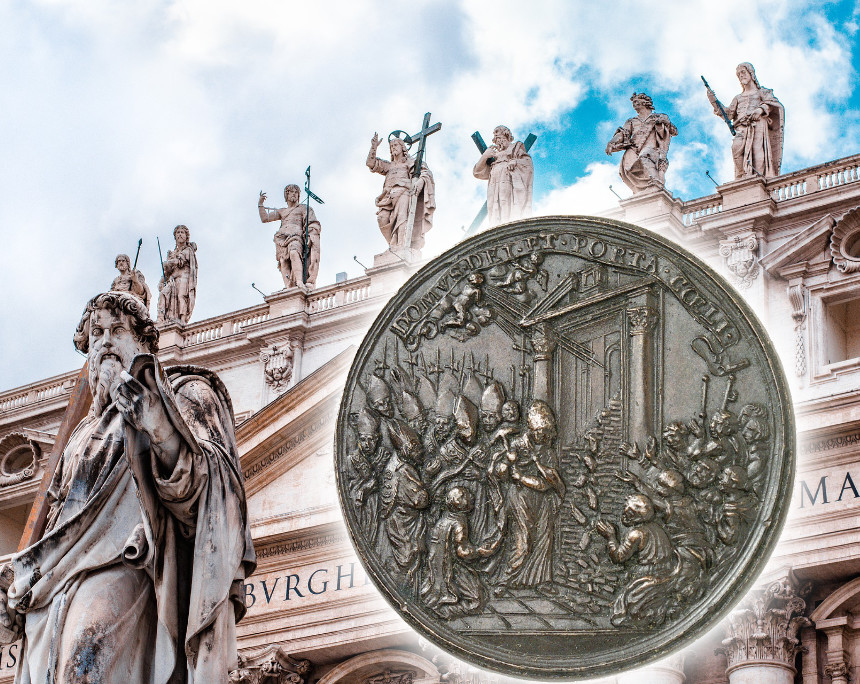 Lot 1399: Clement X. Medal for the Holy Year of 1675 by Giovanni Martino Hamerani. Background: Edyttka1388 via Pixabay.