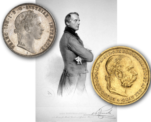 Karl Ludwig von Bruck, the mastermind behind the Vienna Coinage Treaty. We chose not to depict Emperor Franz Josef I at this point, who is shown on the coins, but the liberal politician Karl Ludwig von Bruck. Born into the family of a bookbinder in Elberfeld (now Wuppertal, Germany), he worked his way up from a merchant’s position to become Austria’s finance minister. He could almost be described as a beacon of hope for Austrian economic policy. It was tragic – and not just for him personally – that Franz Josef “ungraciously” dismissed him in April 1860 on false suspicions. The then 61-year-old took his own life. This deprived Austria of an imaginative politician who might have prevented its economic marginalization by Prussia.
