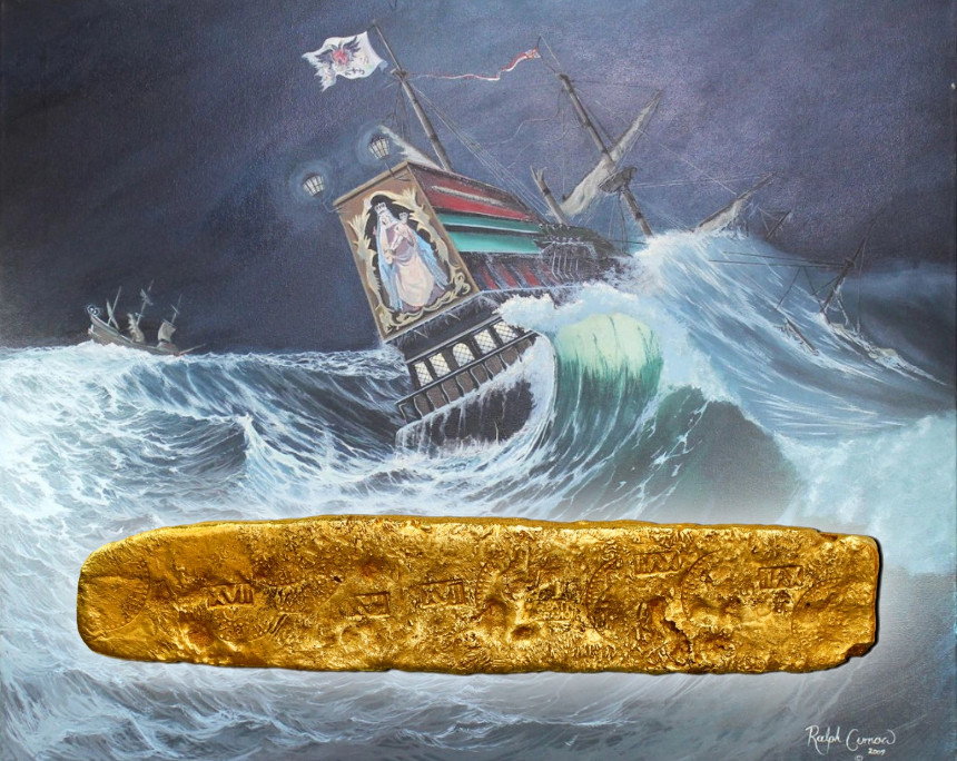 This 5-pound gold bar recovered from the famous Atocha shipwreck sunk in 1622 is up for auction on May 7 in Daniel Frank Sedwick, LLC’s Treasure Auction 35. Painting in the background: „Atocha Meets Her Fate,” by Ralph Curnow (2009), from: Sedwick Treasure Auction #6 (2009), lot 1969.