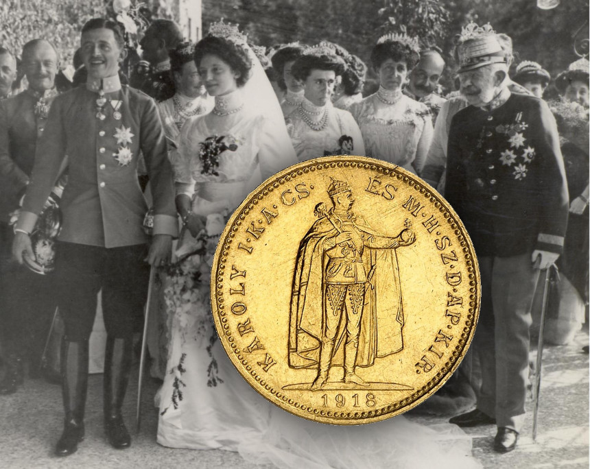 The wedding of Archduke Charles and Zita in 1911. On the left the wedding couple, on the right, 81-year-old Emperor Franz Joseph, whom Charles will succeed as emperor in 1916.