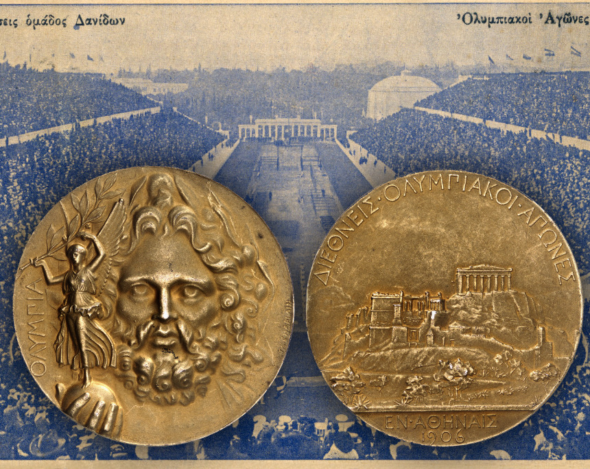 A postcard of the 1906 Olympic Games. In front: Gilded silver medal for a winner of the 1906 Olympic Games. From Künker auction 408 (18-19 May 2024), No. 122.