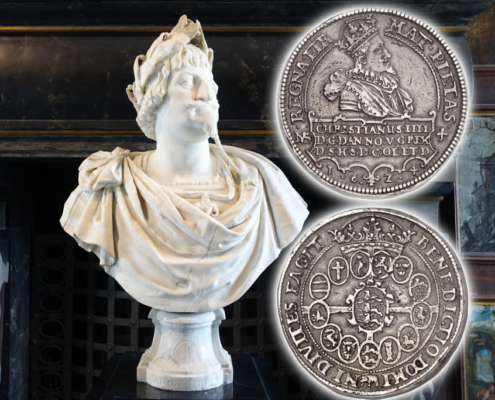 Christian IV. 4 Speciedaler 1624, Kopenhagen. From Auction Künker 408 (18.-19. June 2024), No. 14. Background: Christian IV of Denmark and Norway. Bust at Rosenborg Castle / Copenhagen. Photo: UK.