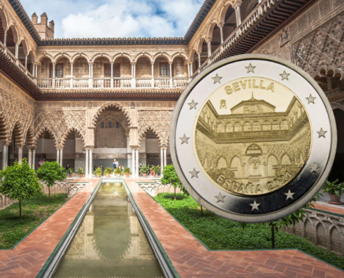 The courtyard of the Alcazár of Seville was immortalised on a 2024 2-euro coin from Spain. Photo: Real Casa de la Moneda (coin), javarman3 / Getty Images Pro via Canva Pro