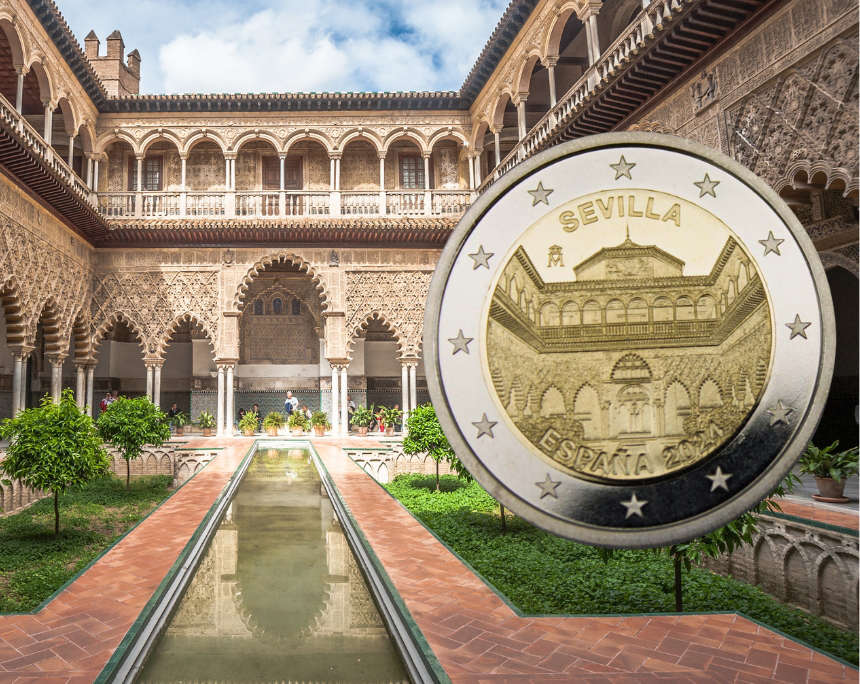 The courtyard of the Alcazár of Seville was immortalised on a 2024 2-euro coin from Spain. Photo: Real Casa de la Moneda (coin), javarman3 / Getty Images Pro via Canva Pro