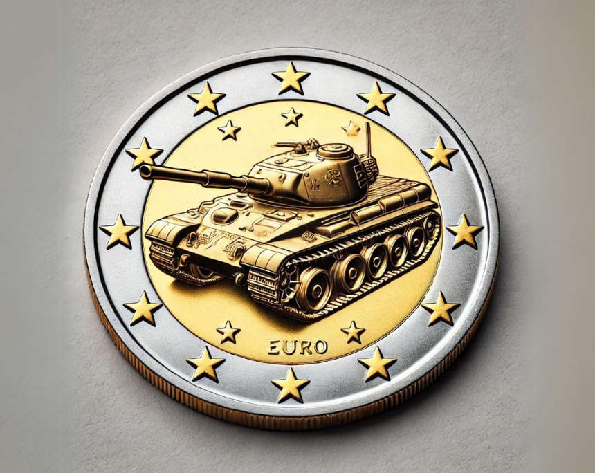 Unrealistic or soon to be found in European cash? This is an AI-generated image of a 2-euro commemorative coin on the subject of “defence”. Picture created with Image Generator Pro / ChatGPT