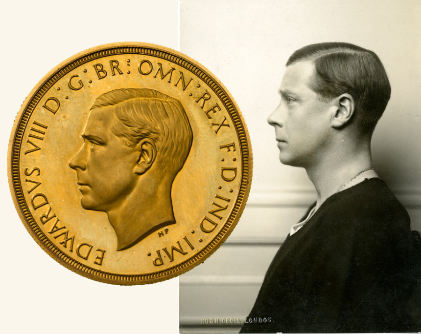 Left: Humphrey Paget (1893-1974) Bust of Edward VIII for gold pattern for £5, £2 and sovereign, 1937, Royal Mint Museum. Right: Hugh Cecil (1889–1974) Profile photograph of Edward VIII, 1936, The Royal Mint Museum.