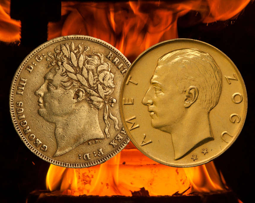 Die Qual der Wahl: Welche Goldmünzen sind zu gut für die Schmelze? Foto: Wieschowski / „Iron melting furnace“ von „fotosuper“ von Getty Images via Canva Pro.