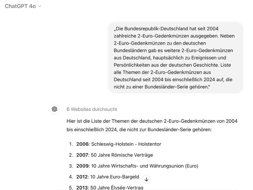 Although the task explicitly excludes state coins, ChatGPT does not pay close attention when handling it. Photo: Wieschowski