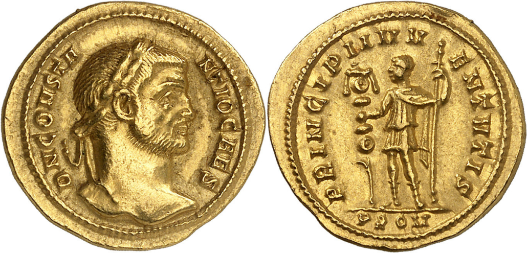 Constantius Chlorus. Aureus, Rome, 293/4. From the Trau Coll. (1935), No. 3522 and the Voirol Coll. (1968), No. 576. Very rare. Extremely fine. Jacquier, R.L. Collection (13 September 2024), No. 49. Estimate: 10,000 euros.