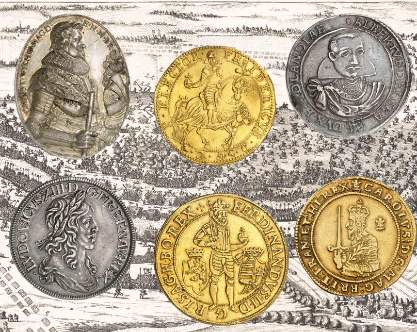 Some of the protagonists of the 30 Years' War depicted on coins. Coin photos: Künker (see further illustrations of the article). Background: copper engraving of the second battle of Breitenfeld on October 23, 1642, detail.