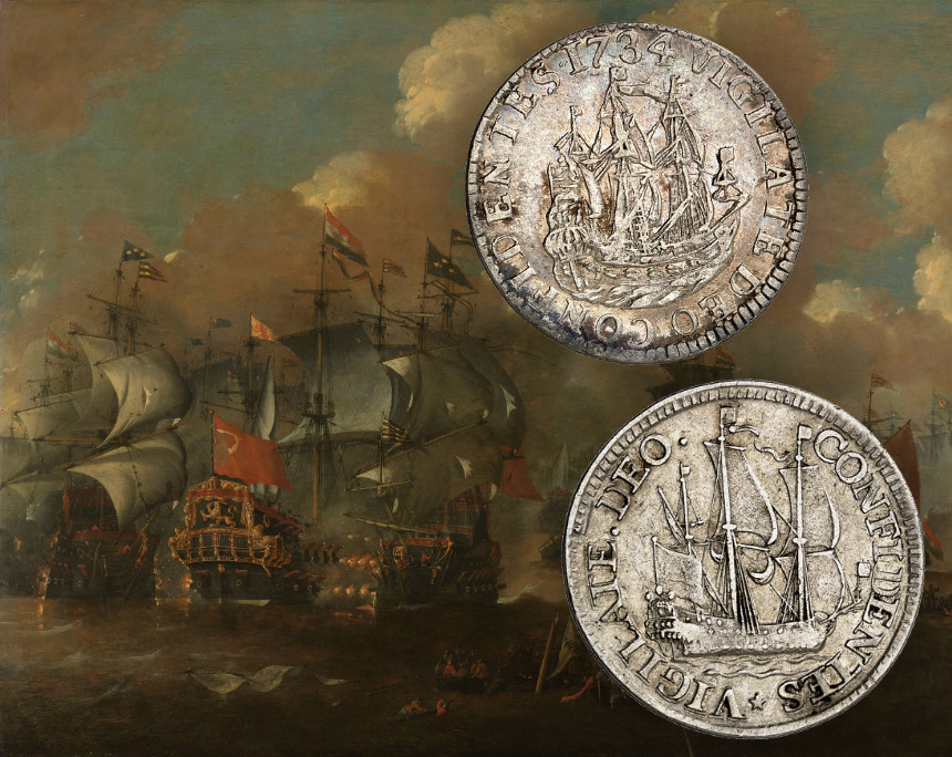 Naval battle near Elseneur. Painting by Peter van de Velde. Coin: Netherlands / Holland and West Frisia. Pattern for the 1670 scheepjesschelling. Very rare. Very fine. Estimate: 200 euros. From Künker 414 (27/28 September), No. 4447.