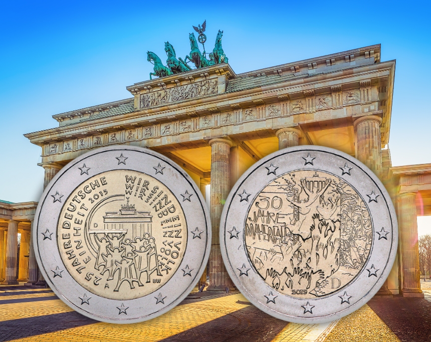 Third time’s the charm? After 2015 and 2019, Germany is once again issuing a coin commemorating German Unity. Photos: Wieschowski / Background: frankpeters from Getty Images via Canva Pro