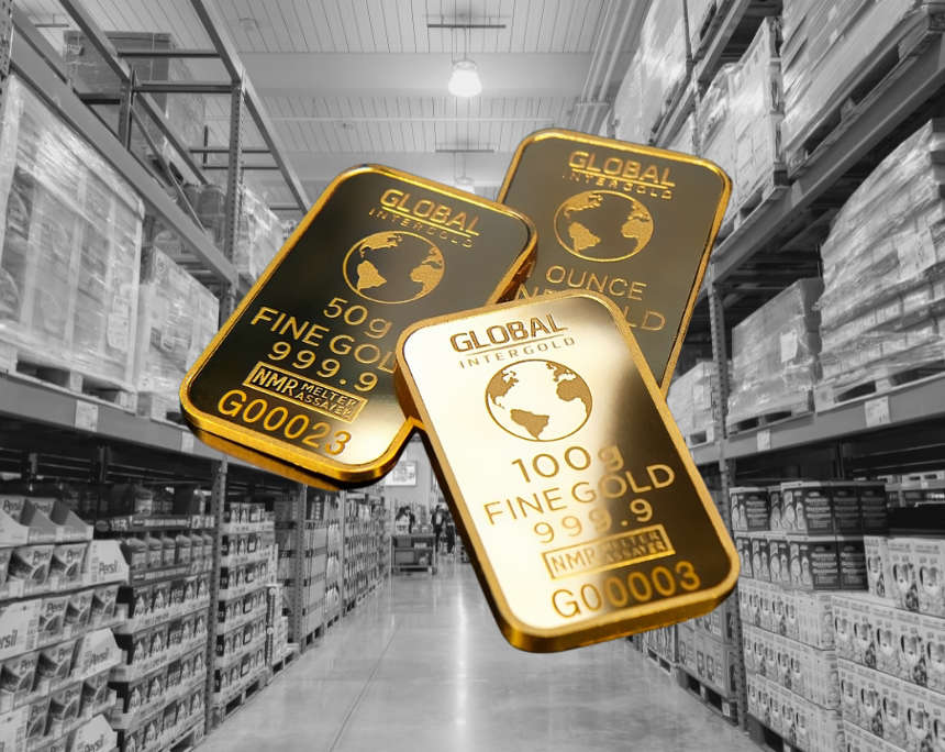 Gold bars at the supermarket? A growing success in the U.S. for over a year. Photo credit: Global_Intergold (foreground) via pixabay, Leung Cho Pan (background) via Canva Pro.