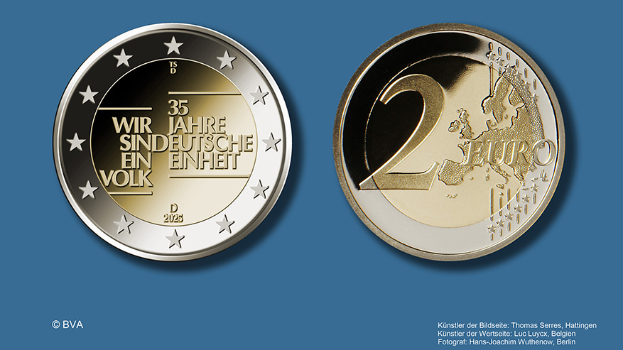 The design of the 2-euro coin commemorating the 35th anniversary of German reunification is causing debates. Artist of the coin's obverse: Thomas Serres (Hattingen), artist of the reverse: Luc Luycx (Belgium), photographer: Hans-Joachim Wuthenow (Berlin).