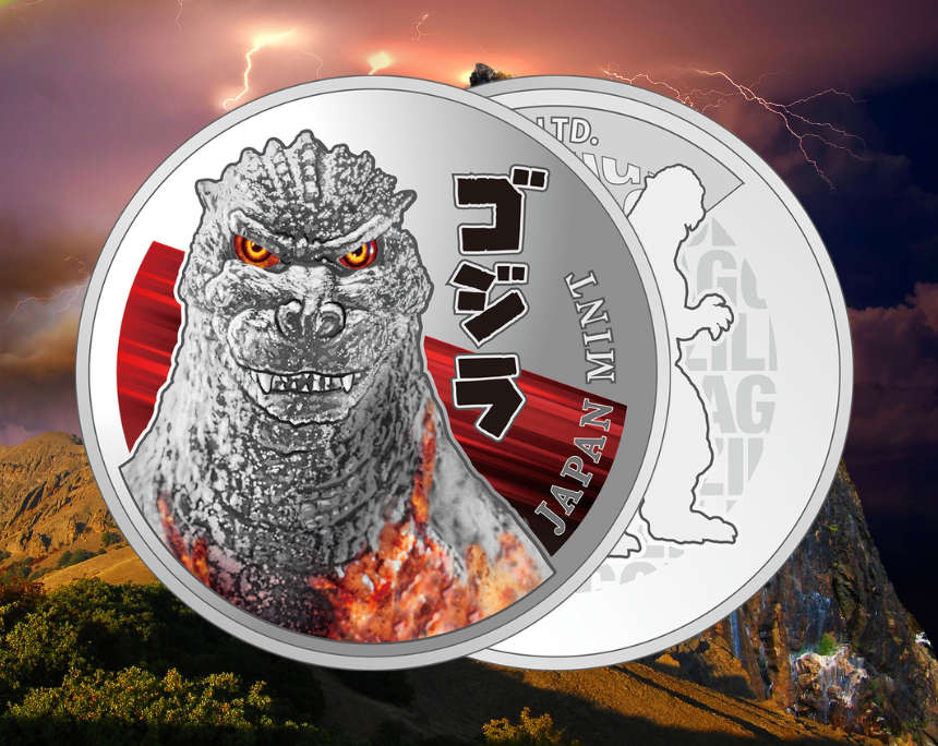 70 years after its first approach, Japan Mint commemorates Godzilla. Photo credit: Japan Mint (Vordergrund), YuriHope von Getty Images (Hintergrund) via Canva Pro.