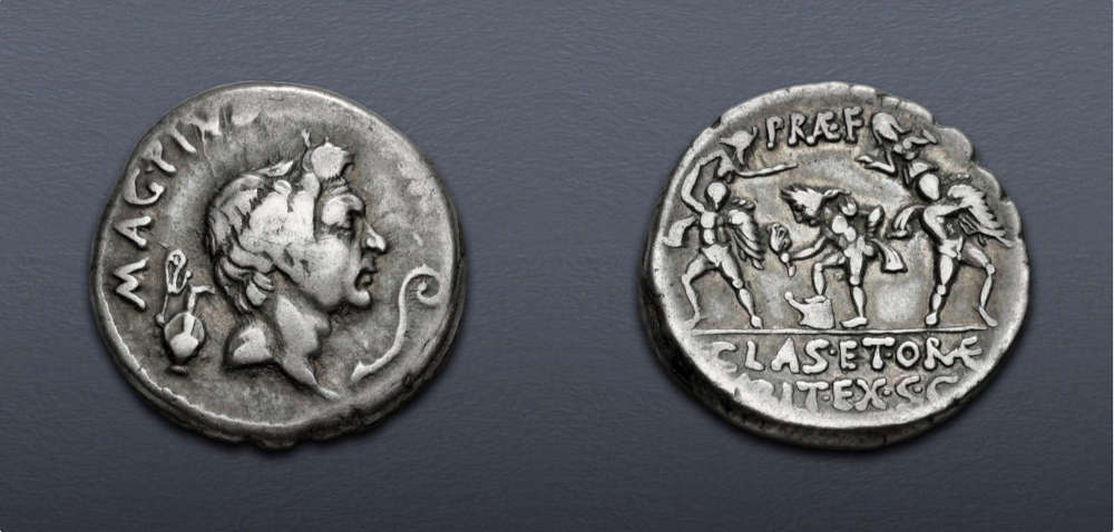 Lot 555: Roman Republican. The Pompeians. Sextus Pompey (37/6 BC). AR Denarius. Uncertain Sicilian mint. Very Fine. Estimate: $300.