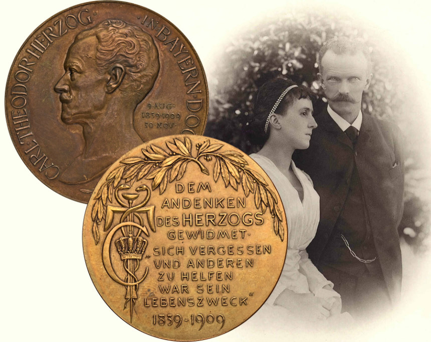 Wedding picture of Carl Theodor and his second wife Maria José from Portugal. Left: Medal commemorating the death of Carl Theodor on 30 November 1909. From Auction Künker 415 (28 October 2024), Lot 308. The reverse reads: 