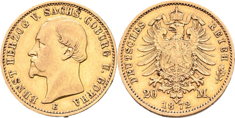 Lot 3021: German Coins after 1871. Duchy of Saxe-Coburg-Gotha. Ernst II (1844-1893). 20 Mark, 1872 E. Extremely rare, only 1,000 examples minted. Very fine. This is the rarest type of all imperial gold coins. Estimate: 50,000 EUR.