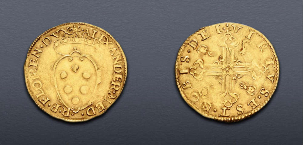 Lot 782: Italy, Firenze (Duchy). Alessandro de Medici. 1532-1537. Scudo d’oro. Second series. Dies by Benvenuto Cellini. Near very fine. Estimate: $500.