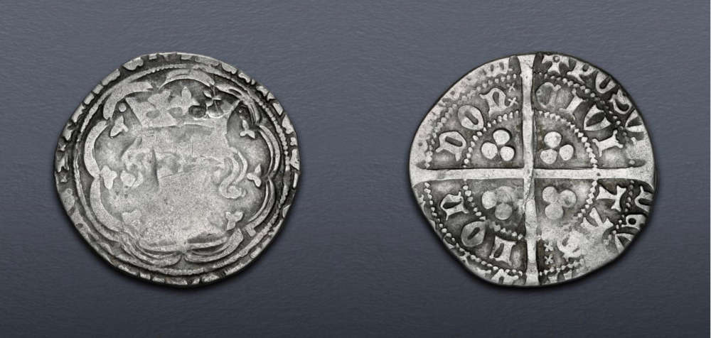 Lot 965: British. Lancaster. Henry V. 1413-1422. AR Groat. Transitional issue mule of Henry IV/V. London (Tower) mint; im: pierced cross. Struck 1413. Fine. Estimate: $300.