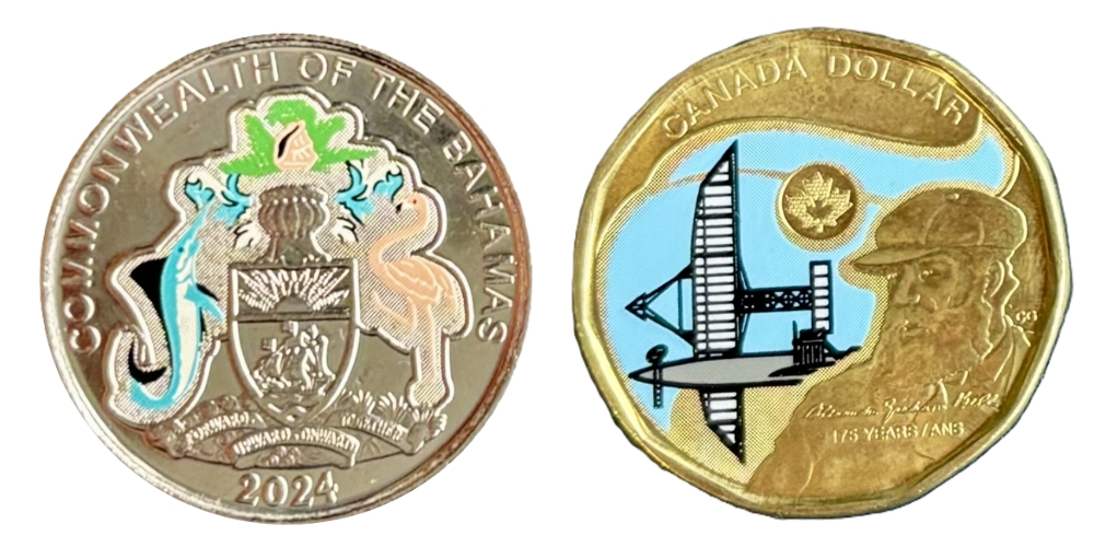 On this 25 cent coin from the Bahamas (2024) and a dollar coin from Canada (2022), it is clear that some ‘play’ has been allowed for in the position of the print so that slight off-centring of the print is not noticeable. Photos: Reinhard Riffel / Bavarian State Mint