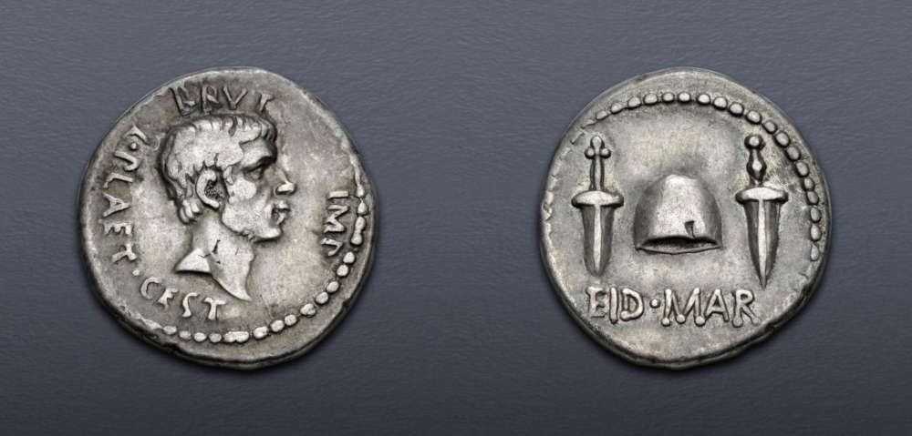 Lot 622: The Republicans. Brutus. Late summer-autumn 42 BC. AR Denarius. Military mint traveling with Brutus and Cassius in western Asia Minor or northern Greece; L. Plaetorius Cestianus, magistrate. Good Very Fine. Estimate: $250,000.