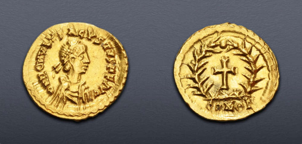 Lot 802: Romulus Augustus. AD 475-476. AV Tremissis. Mediolanum (Milan) mint. Extremely Fine. Estimate: $40,000.