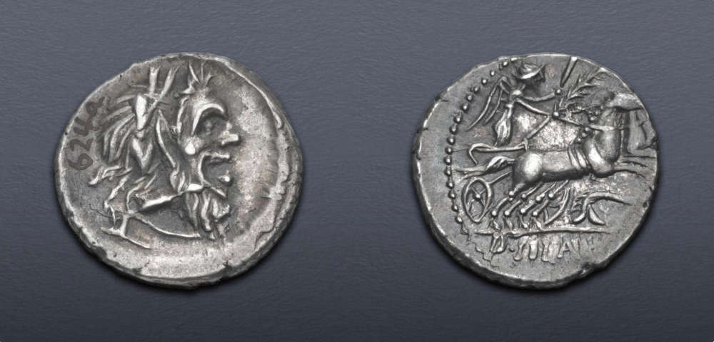  Lot 456: Roman Republican. D. Silanus L.f. (91 BC). Denarius, Rome mint. Good Very Fine. Estimate: $200.