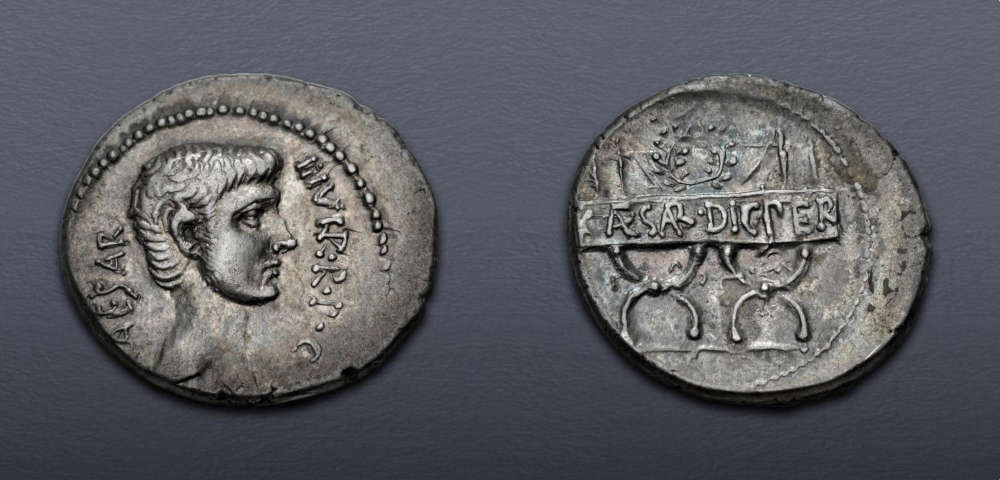 Lot 5649: The Triumvirs. Octavian. Spring-summer 42 BC. Denarius. Military mint traveling with Octavian in Italy. Very fine. Estimate: $2,000.