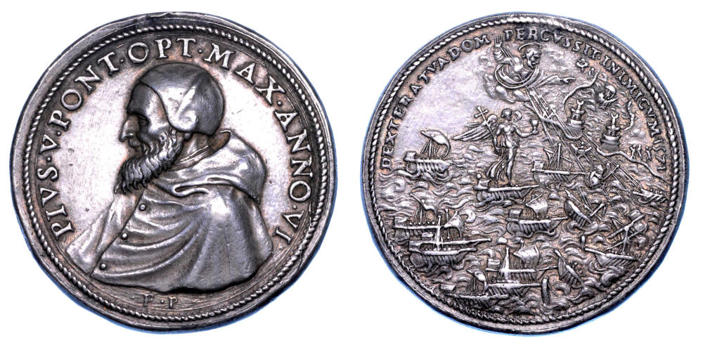 Lot 846 – Papal States. Pius V (Antonio Ghislieri), 1566–1572. Silver medal, Year VI. Commemoration of the Battle of Lepanto. Estimate: €800. / 1,000. Lot 846 – Papal States. Pius V (Antonio Ghislieri), 1566–1572. Silver medal, Year VI. Commemoration of the Battle of Lepanto. Estimate: €800. / 1,000.