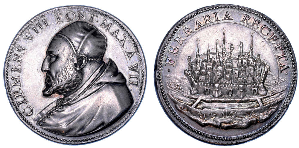 Lot 878 – Papal States. Clement VIII (Ippolito Aldobrandini), 1592–1605. Annual silver medal, Year VII (1598). Devolution of the Duchy of Ferrara to the Papal States. Estimate: €1,500 / 2,500. Lot 878 – Papal States. Clement VIII (Ippolito Aldobrandini), 1592–1605. Annual silver medal, Year VII (1598). Devolution of the Duchy of Ferrara to the Papal States. Estimate: €1,500 / 2,500.