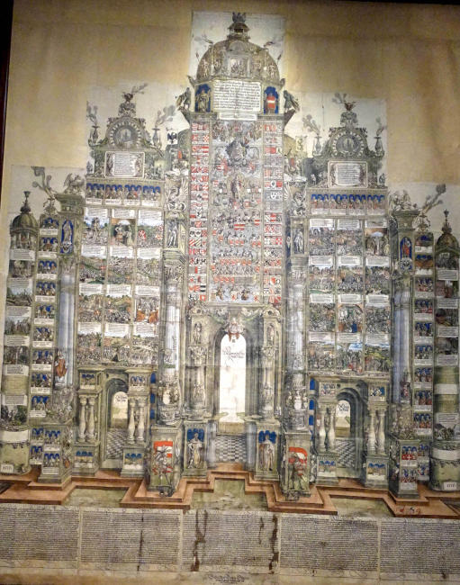 The Triumphal Arch of Maximilian I. Hand colored print by Albrecht Dürer, composed of several woodcuts, with a size of 2.95 x 3.57 m(!). Photo: KW. The Triumphal Arch of Maximilian I. Hand colored print by Albrecht Dürer, composed of several woodcuts, with a size of 2.95 x 3.57 m(!). Photo: KW.
