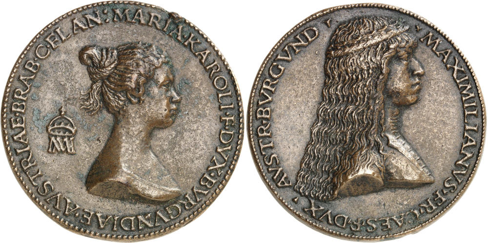 Maximilian I. Medal by Giovanni de Candida without year (1477) commemorating the wedding of Maximilian and Mary of Burgundy. Very rare. Original cast. Extremely fine. Estimate: 1,500 euros. From Künker auction 423 (3 July 2025), No. 11 Maximilian I. Medal by Giovanni de Candida without year (1477) commemorating the wedding of Maximilian and Mary of Burgundy. Very rare. Original cast. Extremely fine. Estimate: 1,500 euros. From Künker auction 423 (3 July 2025), No. 11