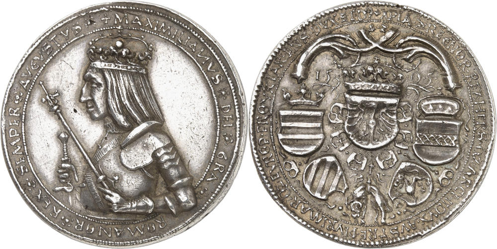 Maximilian I. 1505 guldiner, Hall. Dies by Benedikt Burkhart. Very rare. Extremely fine. Estimate: 5,000 euros. From Künker auction 423 (3 July 2025), No. 13 Maximilian I. Guldiner 1505, Hall. Stempel von Benedikt Burkhart. Sehr selten. Vorzüglich. Taxe: 5.000 Euro. Aus Auktion Künker 423 (3. Juli 2025), Nr. 13.